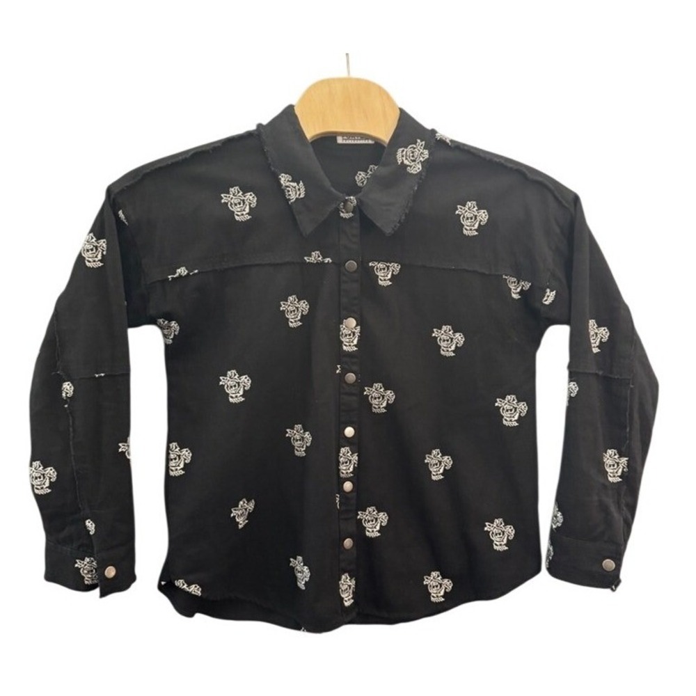 Porter Collective Black Floral Embroidered Raw Edge Snap Button Shirt Large
